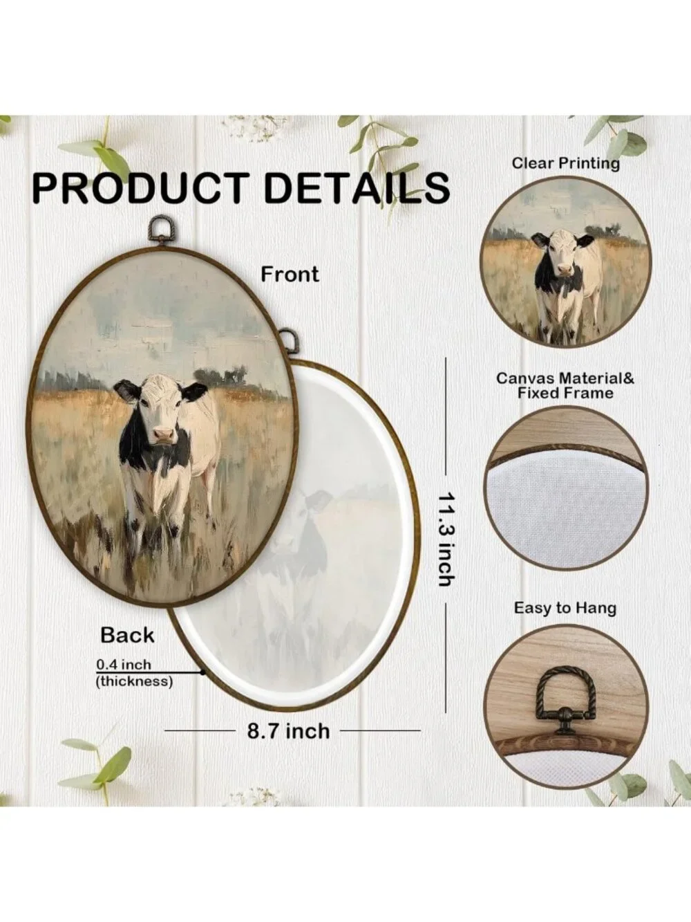 Rustic Farmhouse Cow Wall Art Decor | Vintage Animal Canvas Print | 8.7x11.3